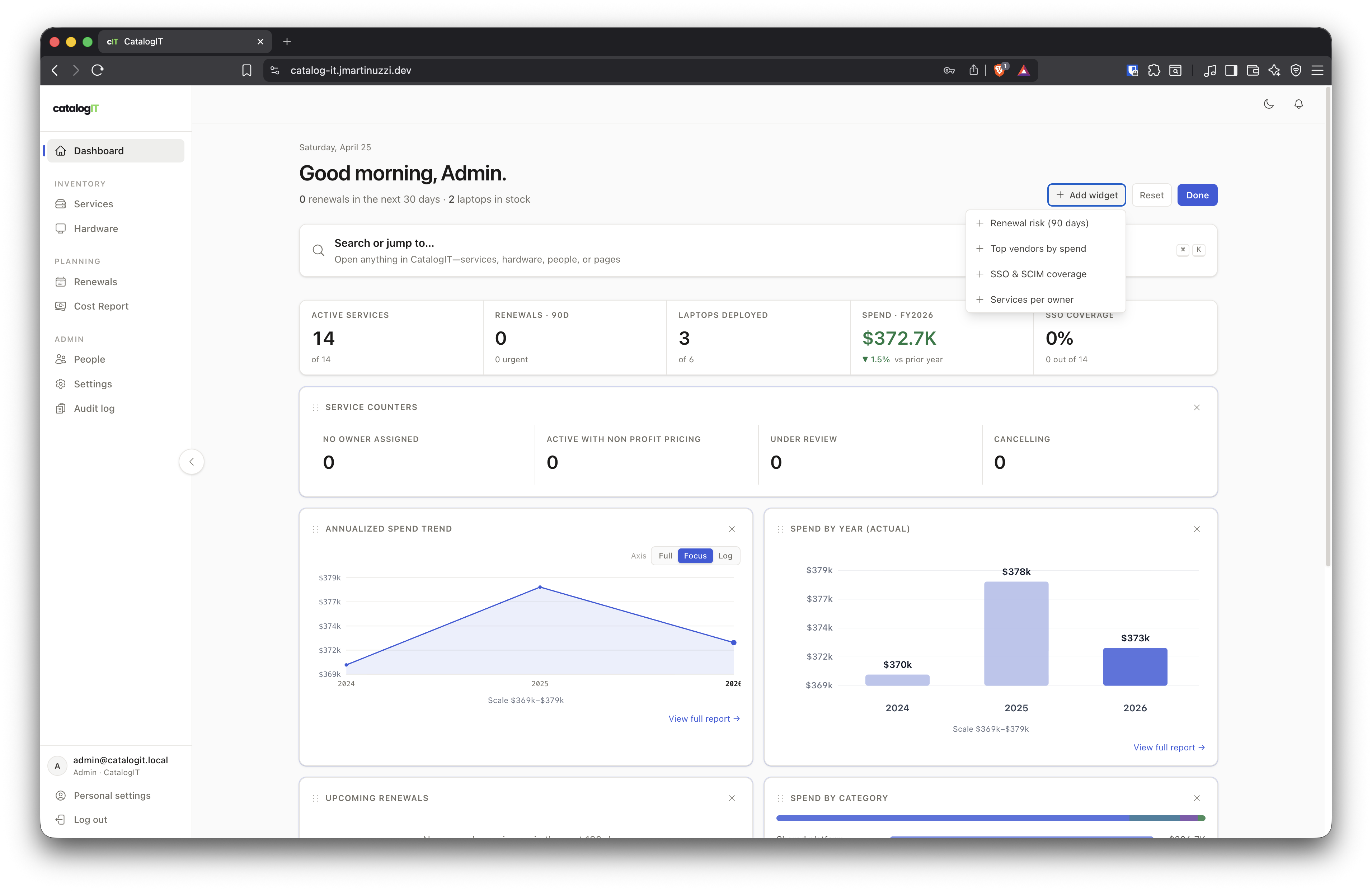 catalogIT dashboard showing spend trends, renewal risk, and inventory KPIs