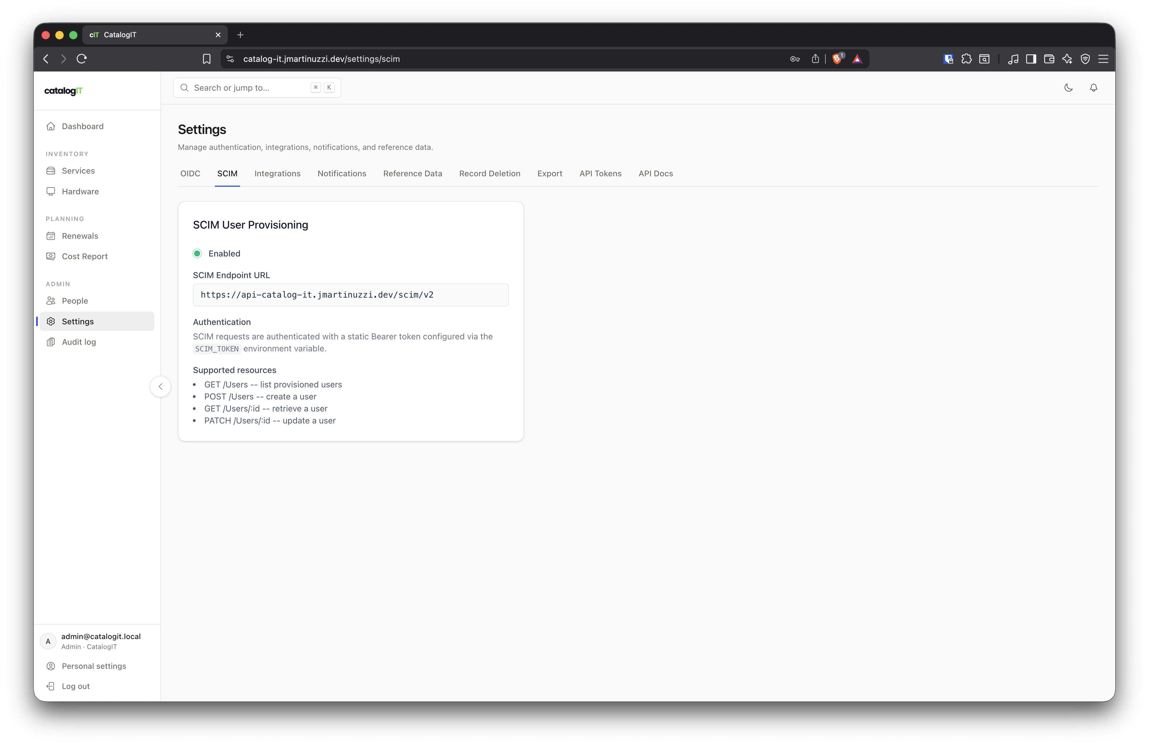 catalogIT Settings page with SCIM user provisioning enabled